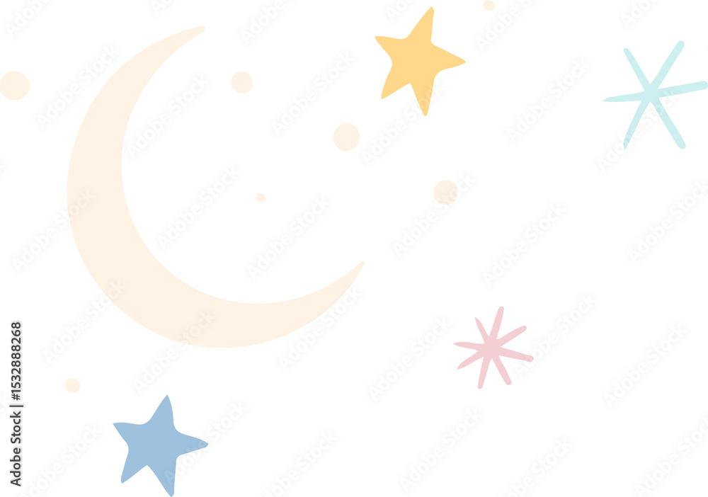 Fototapeta premium Stylized cream crescent moon is floating in flat design with dots, pastel stars on clear background