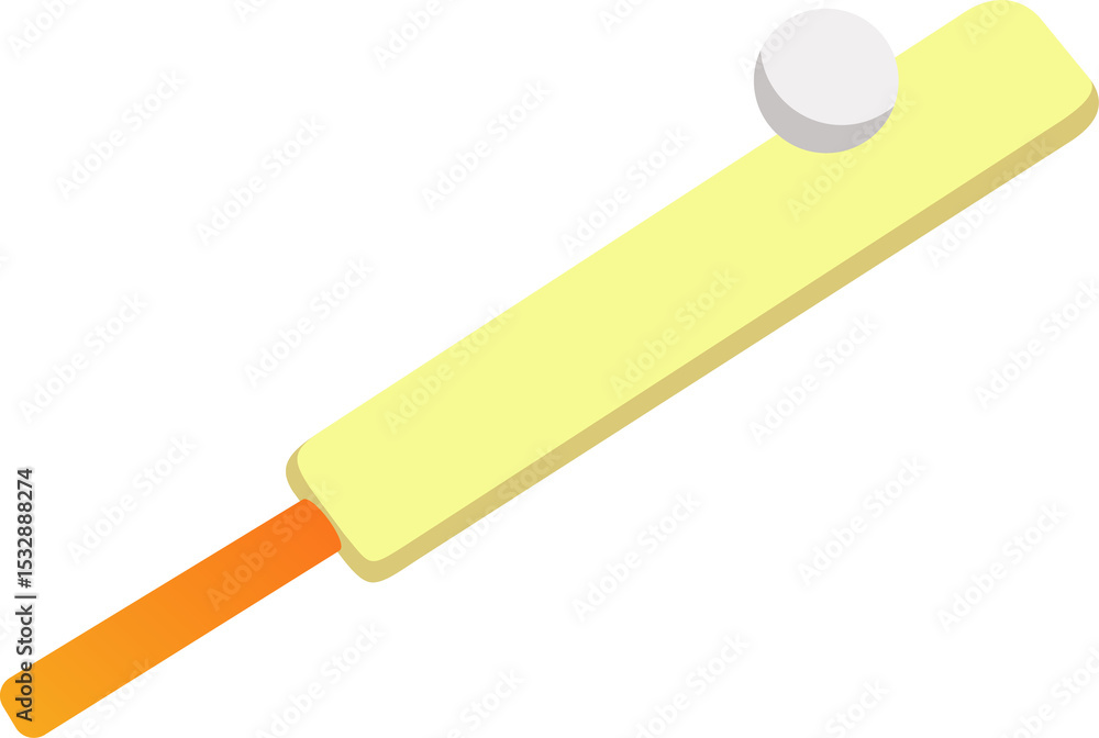 Isometric design is showing pale yellow bat, orange-gradient handle, white ball on clear background Isometric design is showing pale yellow bat, orange-gradient handle, white ball on clear background