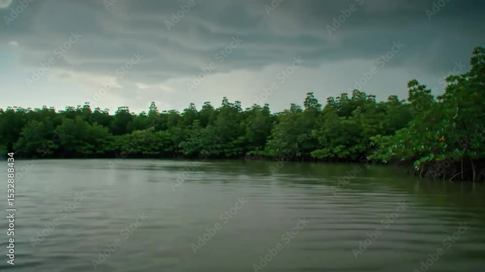 Calm river, dense green forest, cloudy sky Calm river, dense green forest, cloudy sky