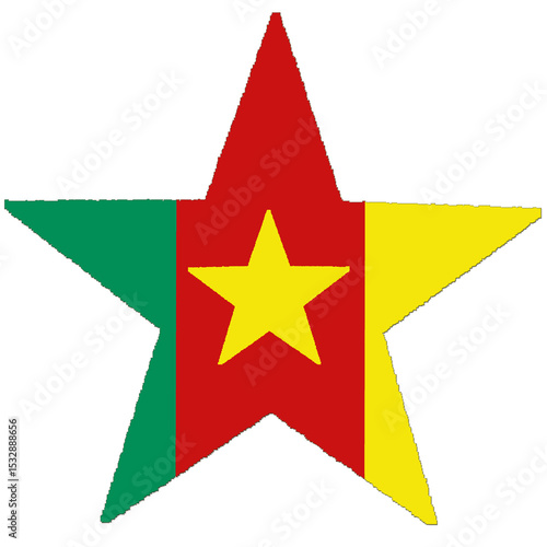 Official flag of Cameroon features 03 equal vertical stripes of green (hoist side), red, and yellow, with a single golden, five-pointed star centered in the red stripe.
National flag of Cameroon 