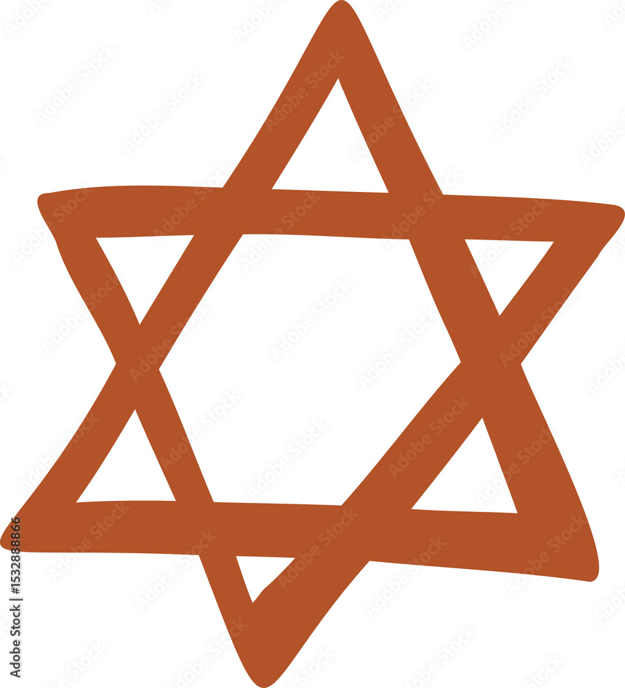 Hand-drawn hexagram is appearing in solid burnt orange with rounded strokes, transparent background Hand-drawn hexagram is appearing in solid burnt orange with rounded strokes, transparent background
