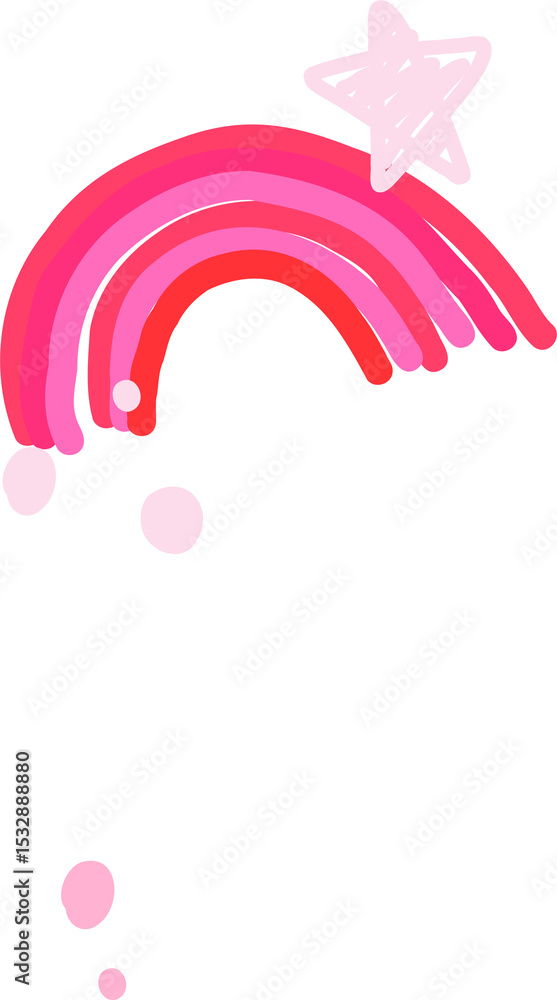 Fototapeta premium Rainbow doodle is hovering on transparent background with four arcs, sketchy star and pink droplets