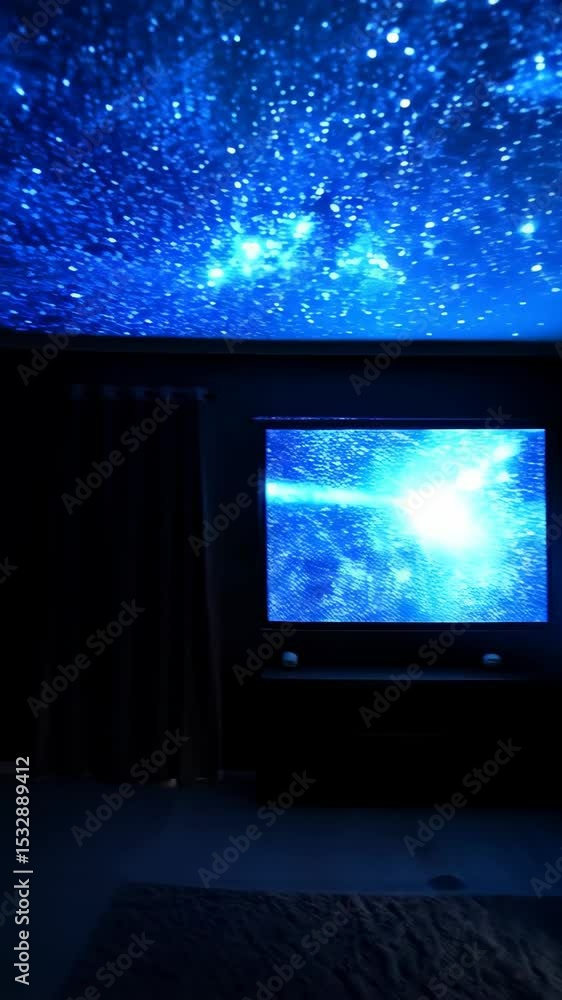 Cozy dark room displaying a space scene on the ceiling and television screen, bright projector spotlight and dark rug. Cozy dark room displaying a space scene on the ceiling and television screen, bright projector spotlight and dark rug.