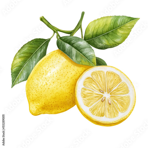 Realistic botanical illustration of lemon fruit with leaves, clean transparent background, watercolor detail, fresh citrus vibe