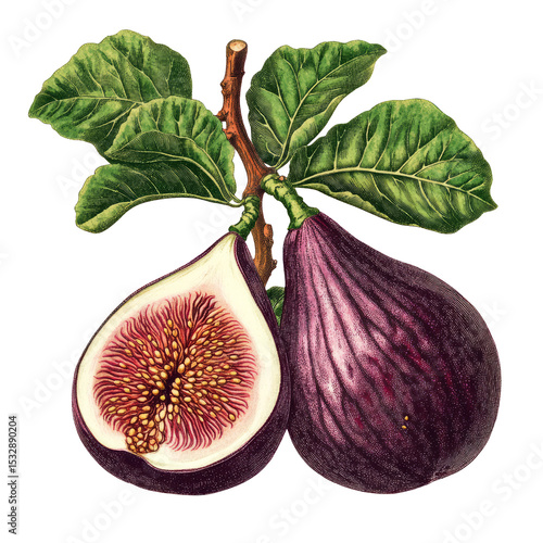 Vintage botanical drawing of fig fruit and sliced fig with green leaves, transparent PNG background, scientific style