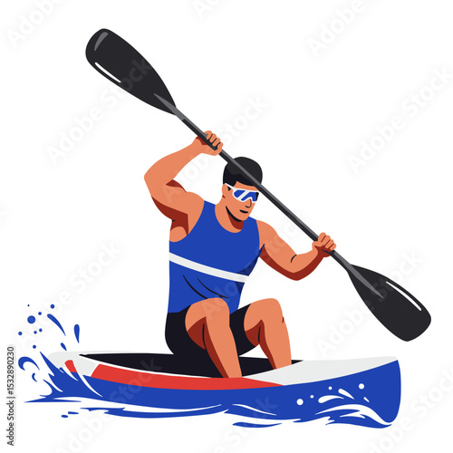 Kayaker paddling vigorously through water with determination    on transparent background