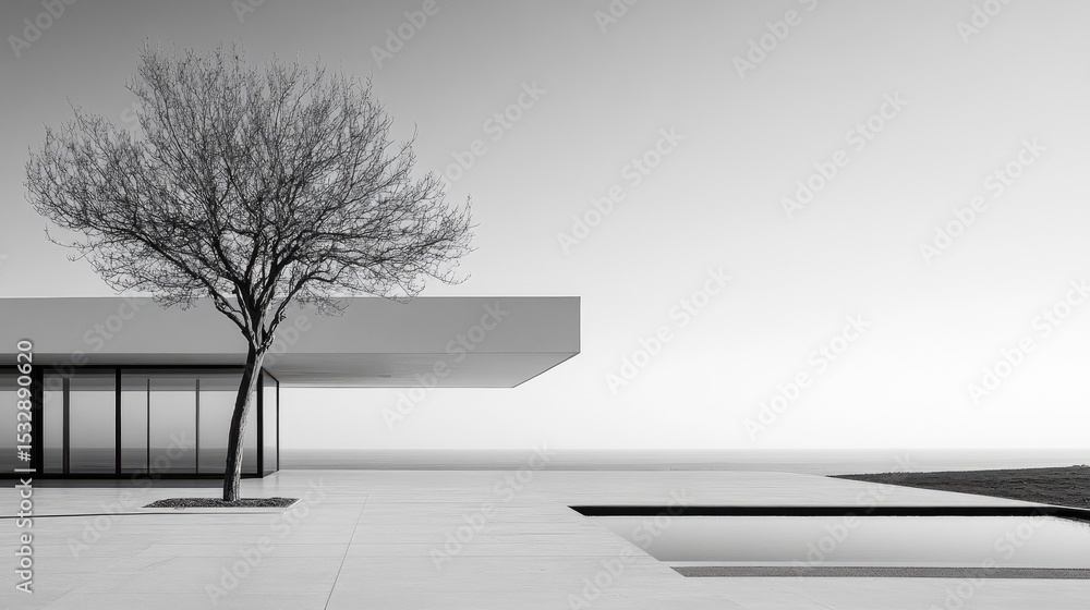 Obraz premium Minimalist Architectural Design Featuring a Tree Against an Expansive Horizon in Black and White