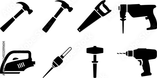 Tools hammer saw drill vector icon set construction equipment hardware diy repair carpentry toolbox toolkit 100 editable stock vector illustration