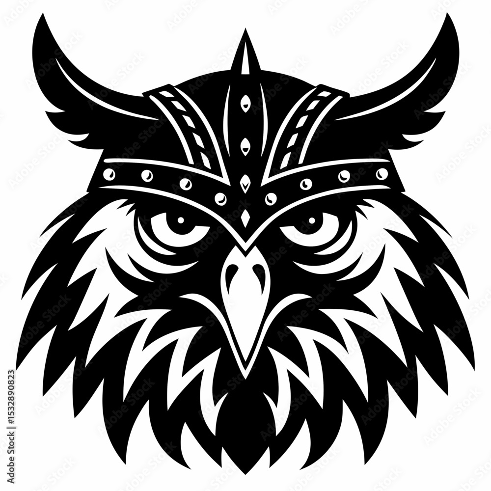 Obraz premium Fierce Owl Mascot in Norse Helmet Tribal Vector Illustration