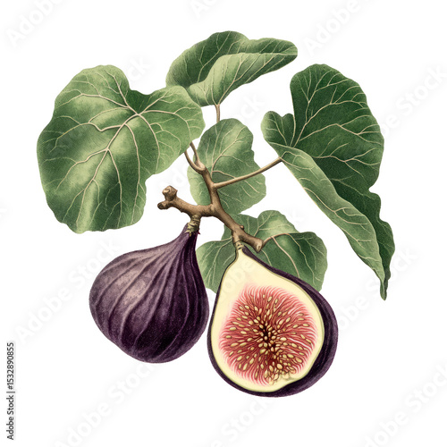 Vintage botanical drawing of fig fruit and sliced fig with green leaves, transparent PNG background, scientific style
