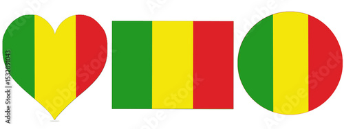 Mali flag, Mali National flag is tricolor with 03 equal vertical stripes the colors are green, gold, and red. Flag isolated on white background. Circular and Rectangular shape Mali flag.