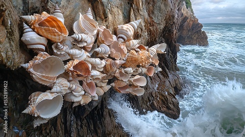 Nautical Wonders: Beautiful Seashells Stuck on Rocky Shoreline