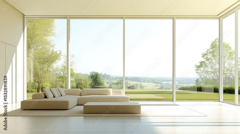 Fototapeta premium Bright and Spacious Modern Living Room with Large Windows Overlooking a Scenic Outdoor Landscape and Lush Greenery