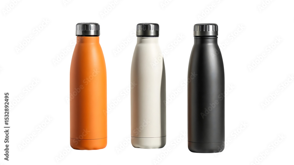 Three stylish stainless steel insulated water bottles in orange white and black colors on a black background Three stylish stainless steel insulated water bottles in orange white and black colors on a black background