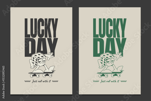 retro cartoon design featuring a chill dice character on a skateboard, fun and playful graphic for t-shirt, posters, and streetwear