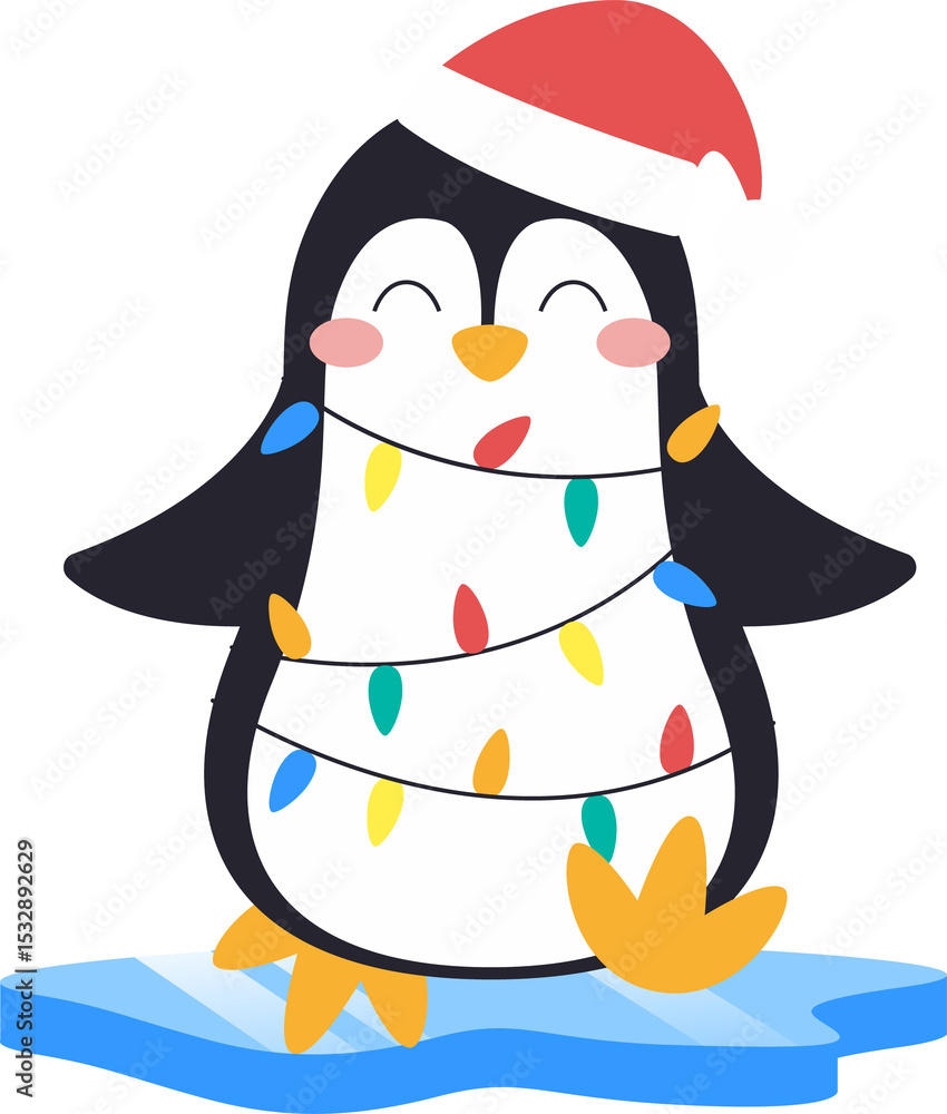 Obraz premium Flat design penguin is wearing Santa hat with multicolored lights on ice, transparent background
