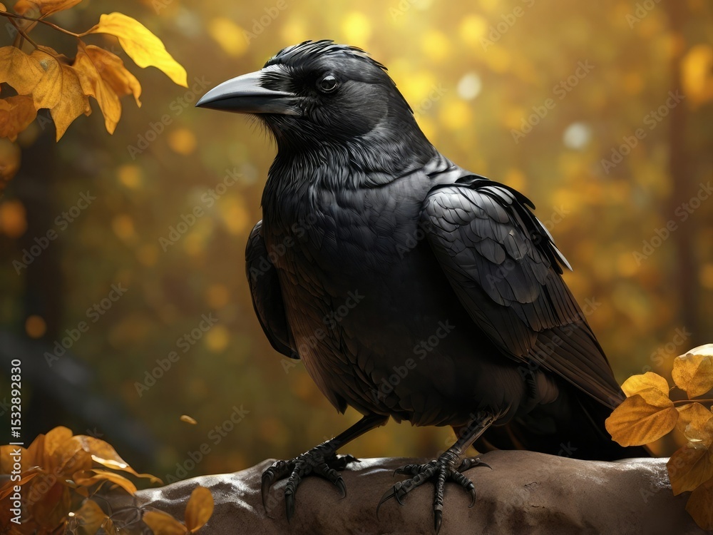 Fototapeta premium Majestic black raven perched on rock amidst autumn leaves