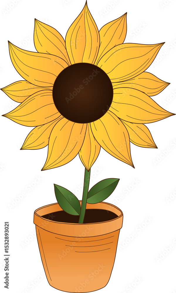 Fototapeta premium Stylized sunflower is standing in flat design with yellow petals, clay pot and transparent backdrop