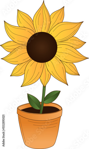 Fototapeta Naklejka Na Ścianę i Meble -  Stylized sunflower is standing in flat design with yellow petals, clay pot and transparent backdrop