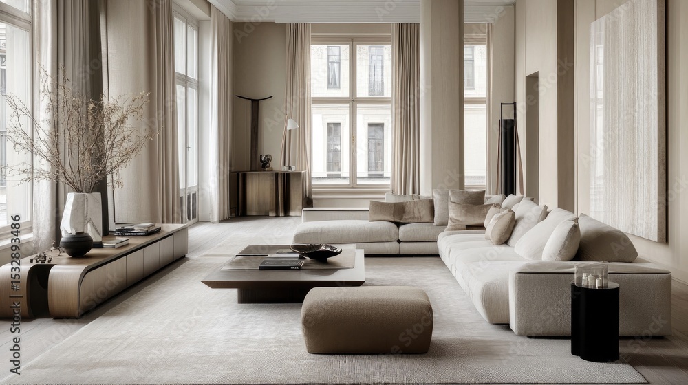 Fototapeta premium Elegant and Minimalist Living Room Interior Design with Neutral Tones and Natural Light