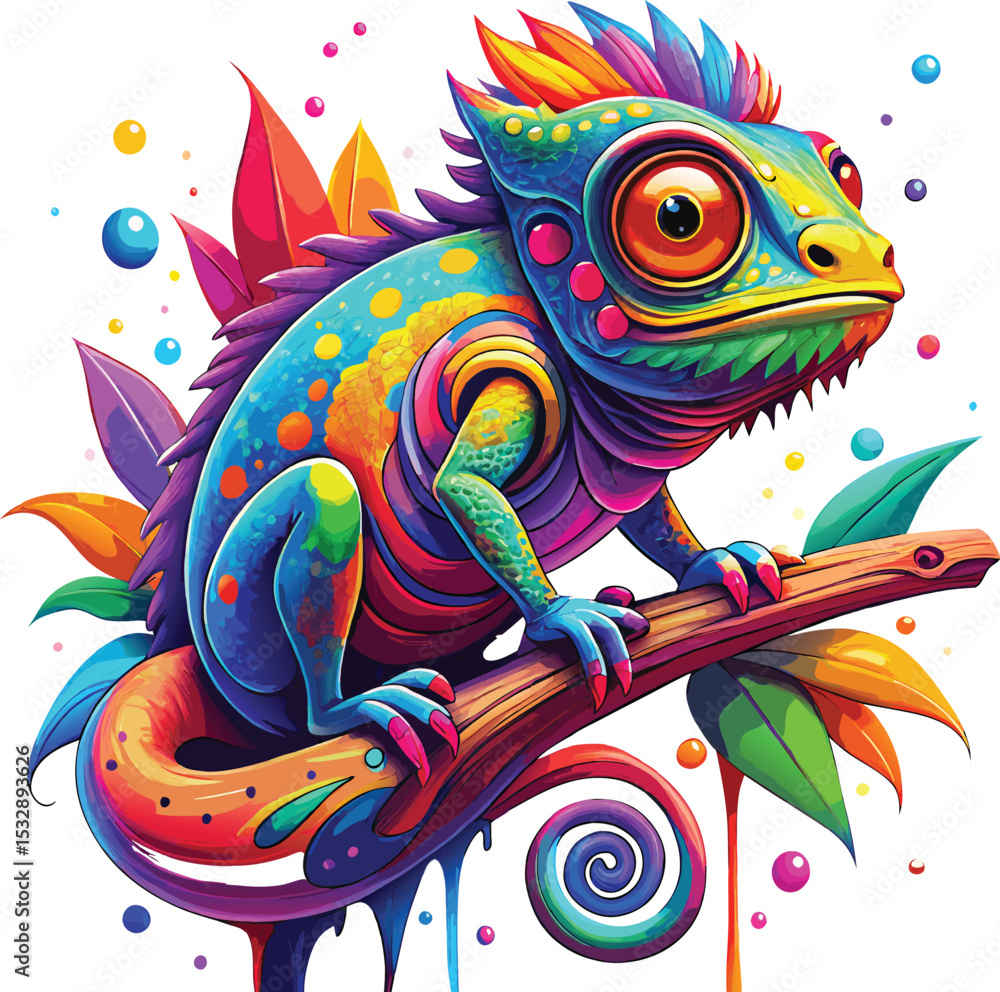 Fototapeta premium Vibrant chameleon on branch with colorful paint splashes