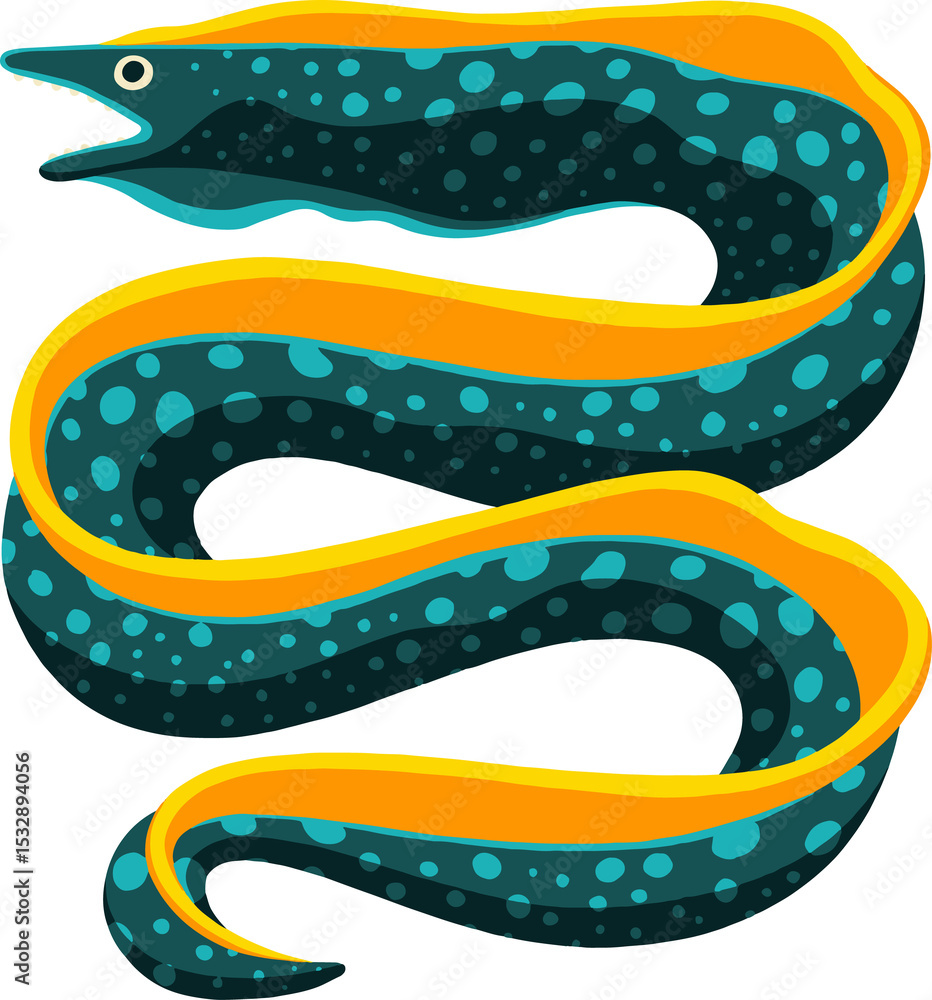 Obraz premium Spotted teal eel is slithering in flat illustration with yellow belly and transparent background