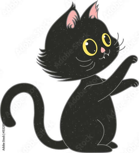Fototapeta Naklejka Na Ścianę i Meble -  Cartoon black cat is posing in flat design, yellow eyes, fangs, transparent background, copy space