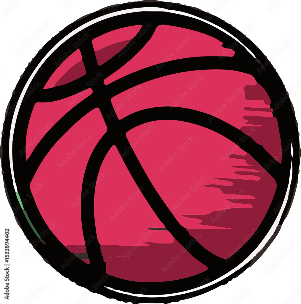 Fototapeta premium Stylized basketball is featuring brush textures, red panels, black seams on transparent background