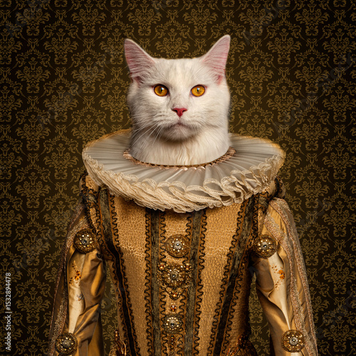 Tableau sur toile White cat wearing elizabethan era costume posing for royal portrait
