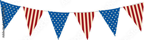 Flat design bunting is hanging on transparent bg with thin cord and star-spangled striped flags