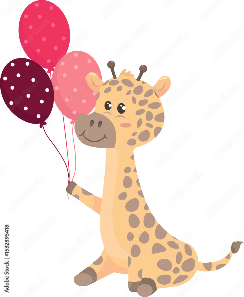 Fototapeta premium Whimsical giraffe sitting upright and holding four polka-dotted balloons on transparent background