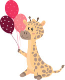Whimsical giraffe sitting upright and holding four polka-dotted balloons on transparent background