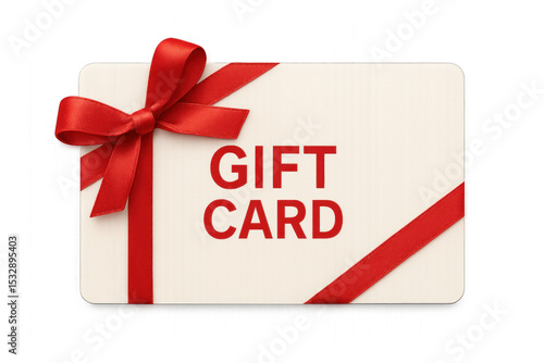 Gift card with red ribbon and bow isolated on transparent background.