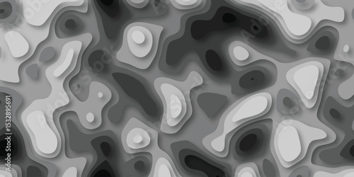 Abstract topographic pattern with layered grayscale gradients and subtle shadows creating depth and three dimensional visual effects, suitable for design backgrounds.