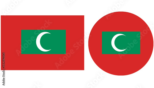 Maldives official flag is a central green rectangle on a red background, with a vertical white crescent moon.
National flag of Maldives 