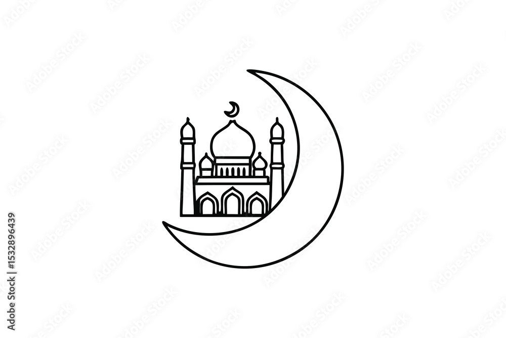 Obraz premium Crescent moon mosque line-art islamic illustration ramadan kareem