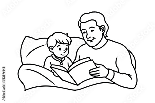 Father reading bedtime story to his son line-art illustration
