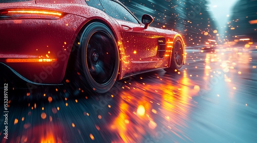 Red sports car speeding on rainy road at night, sparks flying
