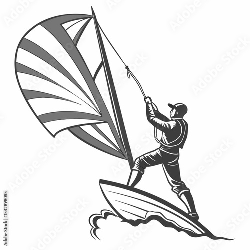 Man sailing small boat raising sail windsurfing