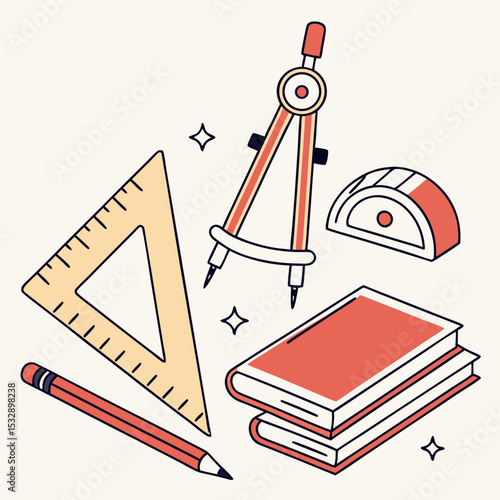 Back to school supplies illustration geometry set square compass pencil books
