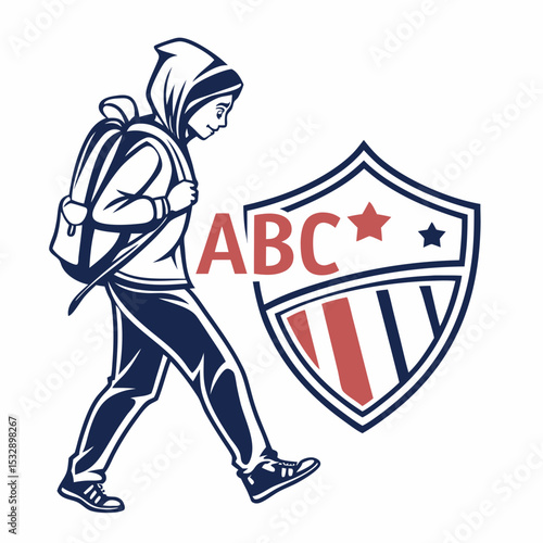 Girl student walking with backpack abc school shield logo