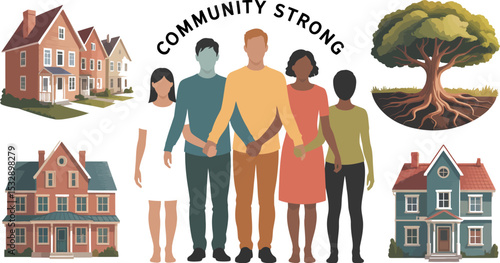 Community support illustration showing diverse people houses and tree for social services and neighborhood editable stock vector illustration