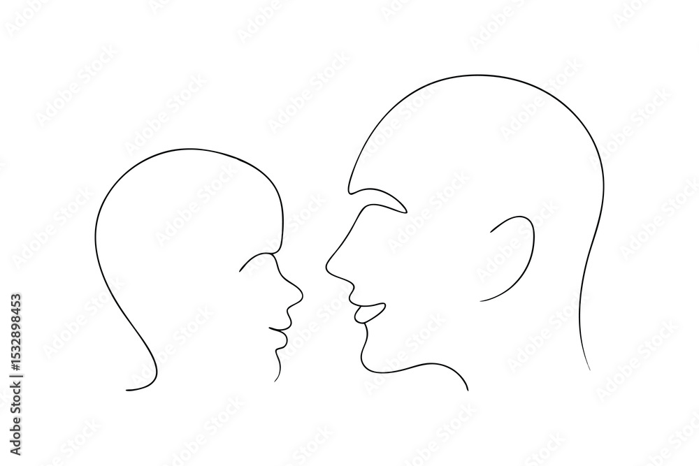 Minimalist line art drawing of adult and child faces together Minimalist line art drawing of adult and child faces together