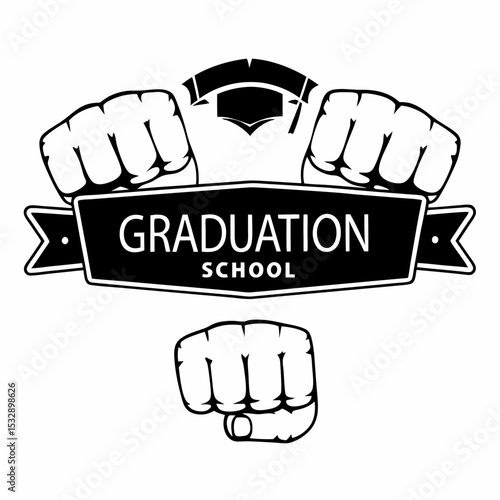 Graduation school badge design with fists and banner on white background