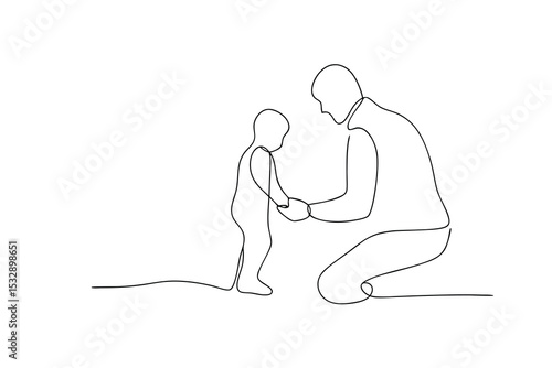 Father helping toddler take first steps line-art illustration
