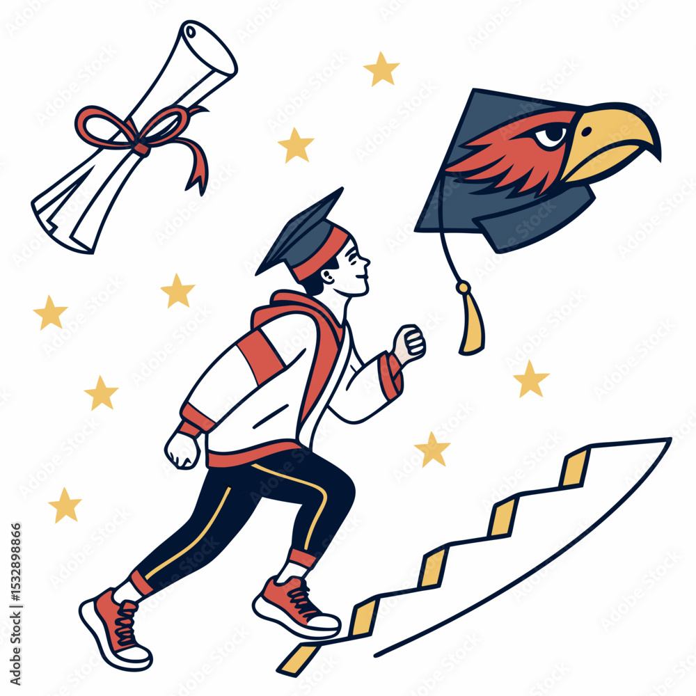 Fototapeta premium Graduate student running up stairs towards success future