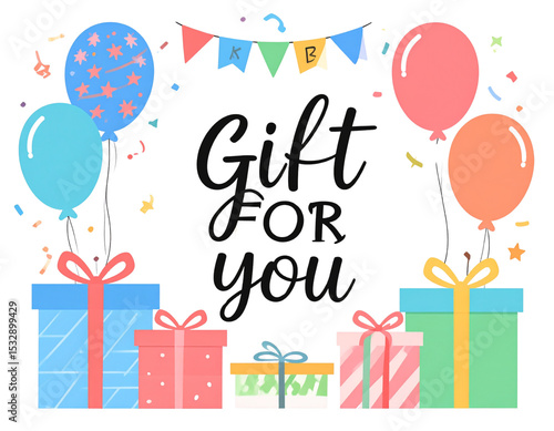 “Colorful Gift Card with Confetti and Balloons – Isolated PNG”.