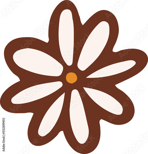 Fototapeta Naklejka Na Ścianę i Meble -  Flat daisy-like flower is floating, ivory petals, orange center, brown outline, clear background