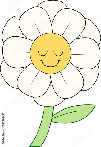 Fototapeta Naklejka Na Ścianę i Meble -  Cartoon daisy is smiling in flat design with yellow face and white petals on transparent background