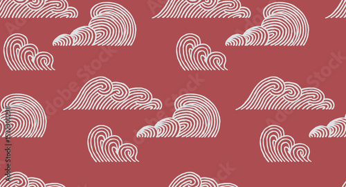 Hand drawn Japanese seamless pattern with repeating white stylized waves and ripples lines on warm muted red background, simple graphic for textile, carpet, wallpaper